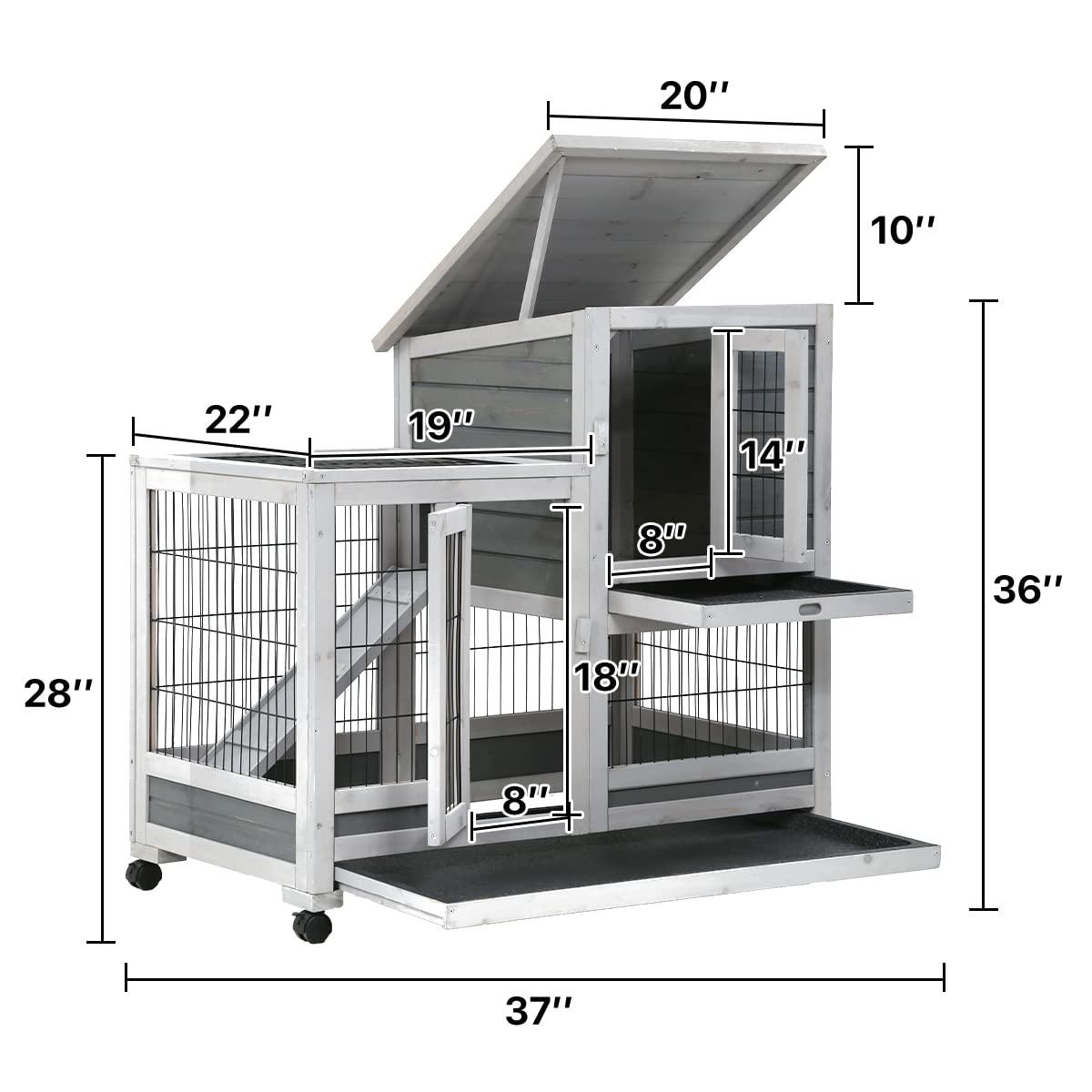 Large Rabbit Cages 37 inch Wood Rabbit Hutch Indoor with Wheels， Indoor Outdoor Two Story， Outdoor Rabbit Houses (Gray)