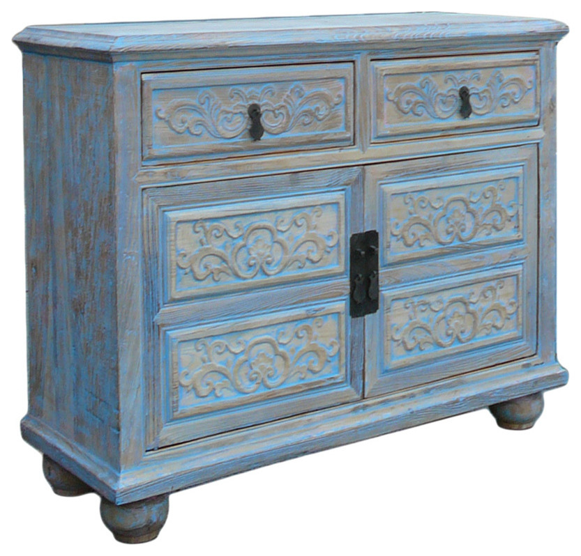 Oriental Floral Shabby Chic Rustic Light Blue High Credenza Cabinet Hcs1158   Asian   Accent Chests And Cabinets   by Golden Lotus Antiques  Houzz