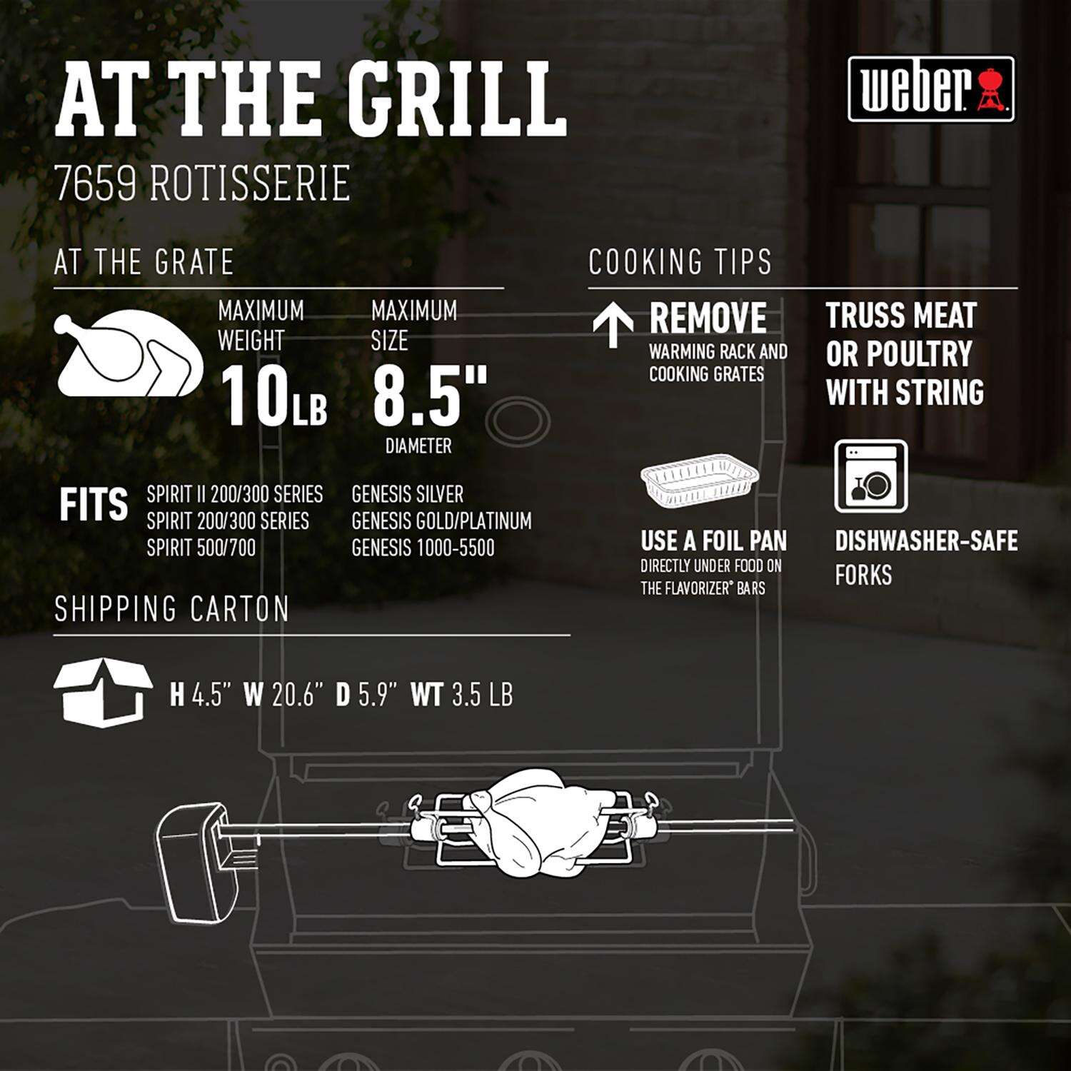 Weber Spirit Series Stainless Steel Grill Rotisserie 33.4 in. L X 5.5 in. W 1 pk