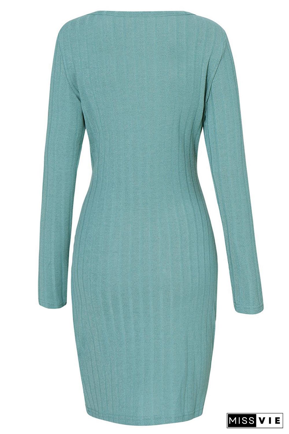 Plain Long Sleeve Ribbed Tiwst Knot Mini Dress