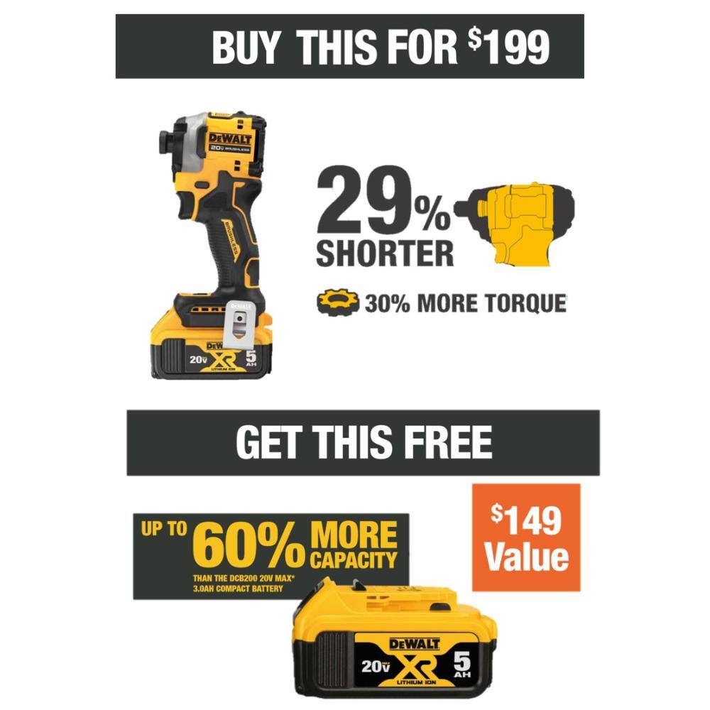 DW ATOMIC 20V MAX Lithium-Ion Cordless Impact Driver Kit AND 20V MAX XR Premium Lithium-Ion 5.0Ah Battery DCF850P1WDCB205