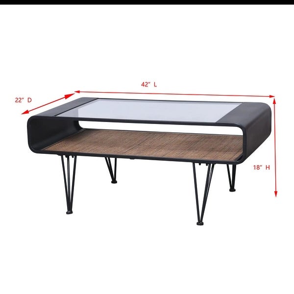 Aaron - Table - Graphite Metal， Clear Glass Top， Rattan Lower Shelf