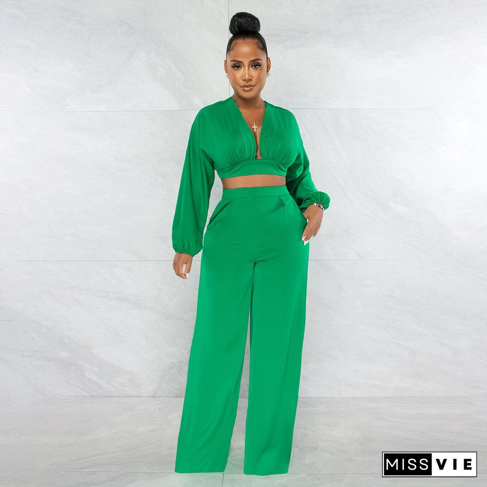 Deep V Neck Crop Top Wide Leg Pants Two Piece Set