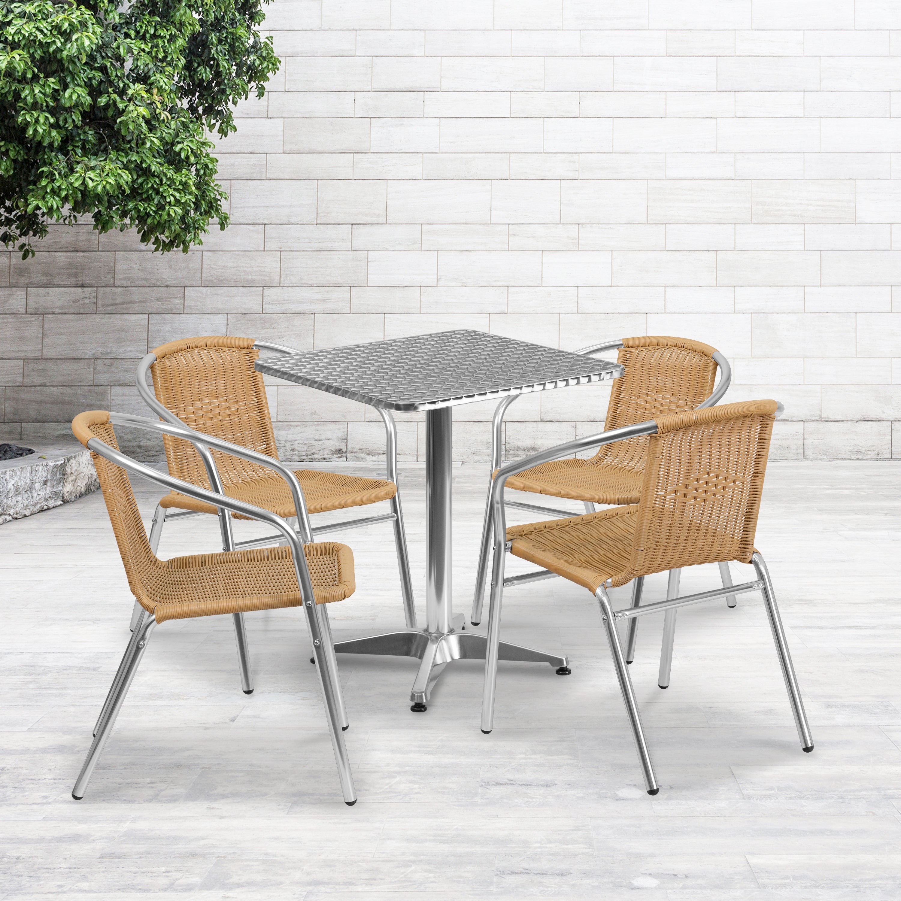 23.5'' Square Aluminum Indoor-Outdoor Table Set with 4 Rattan Chairs - Overstock - 12040383