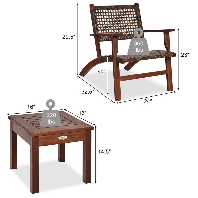 3 Pcs Rattan Wooden Outdoor Table & Chair Set Patio Bistro Conversation Set