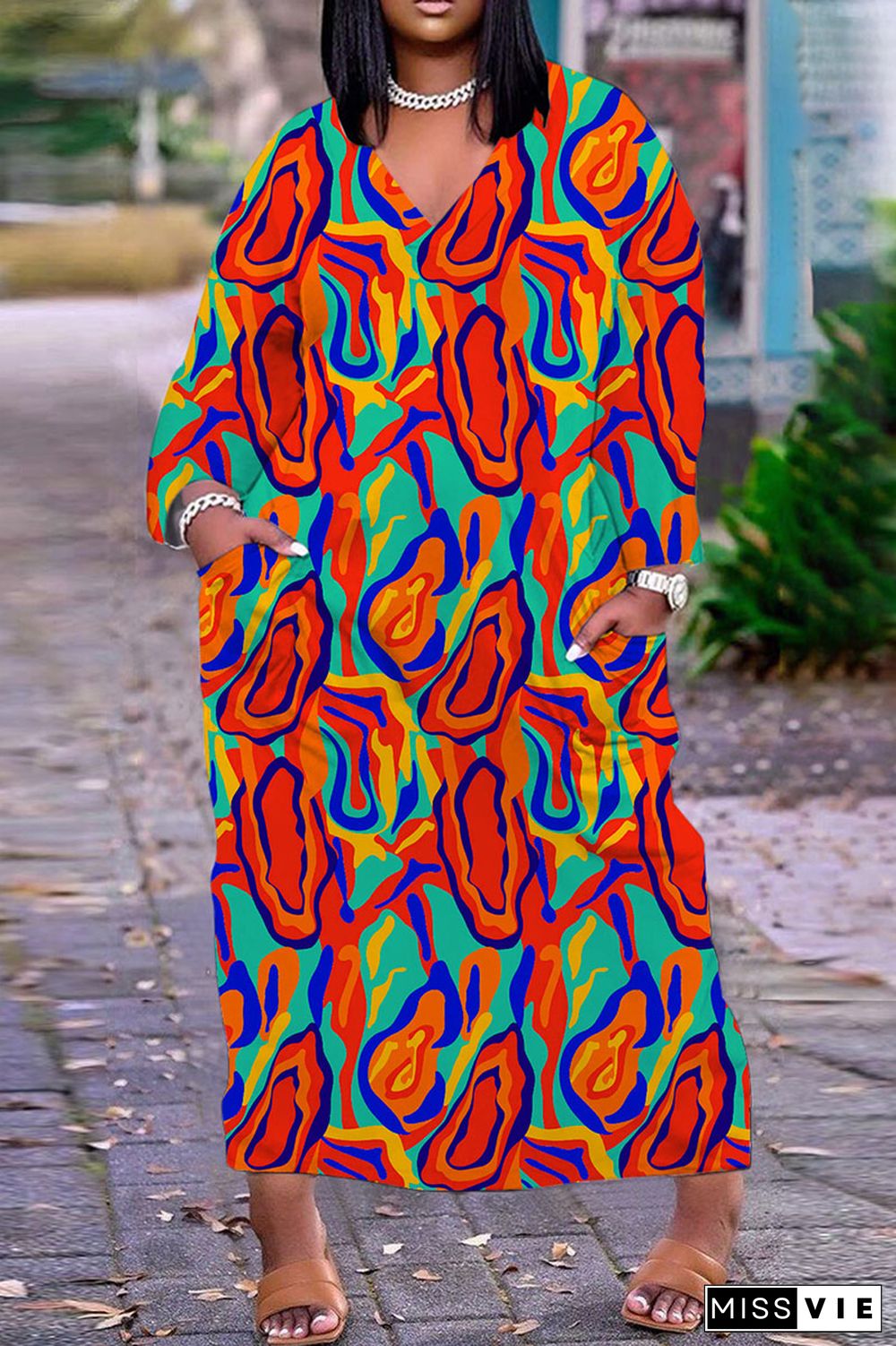 Multicolor Casual Print Basic V Neck Long Sleeve Dresses