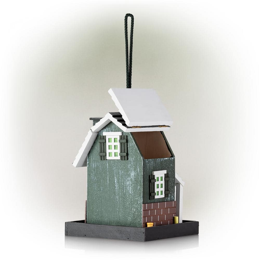 Alpine Corporation 9 in. Tall Wooden Farm Store Hanging or Table Outdoor Bird Feeder House, Black ACM118