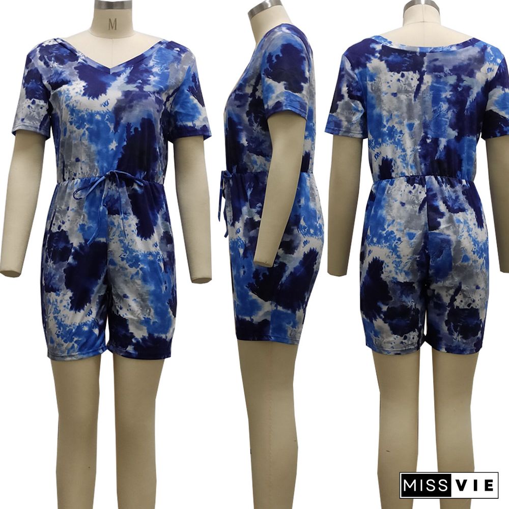 Sexy Fashion Digital Printing Short-Sleeved V-Neck Jumpsuit