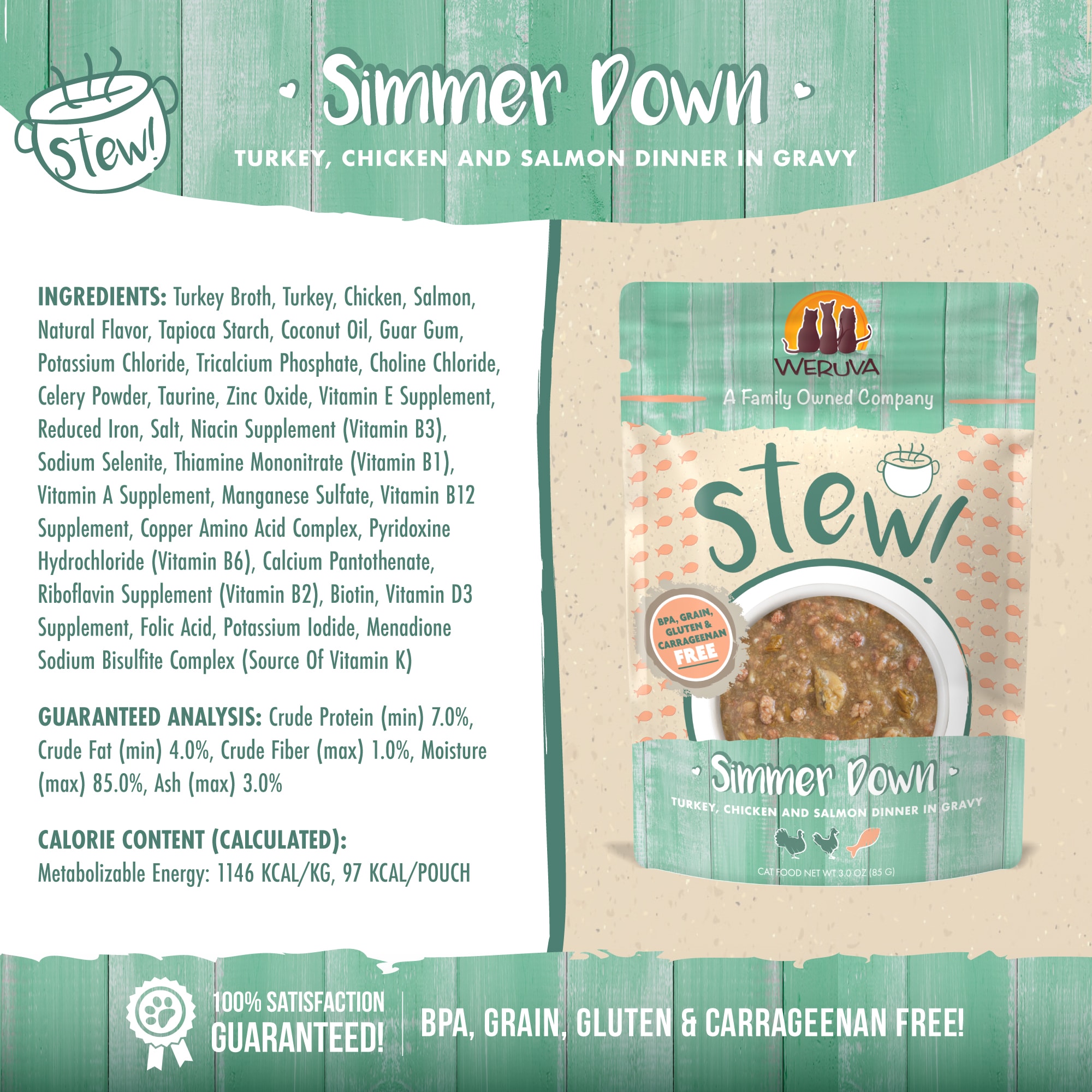 Weruva Stew! Simmer Down Turkey， Chicken and Salmon Dinner Wet Cat Food， 3 oz.， Case of 12