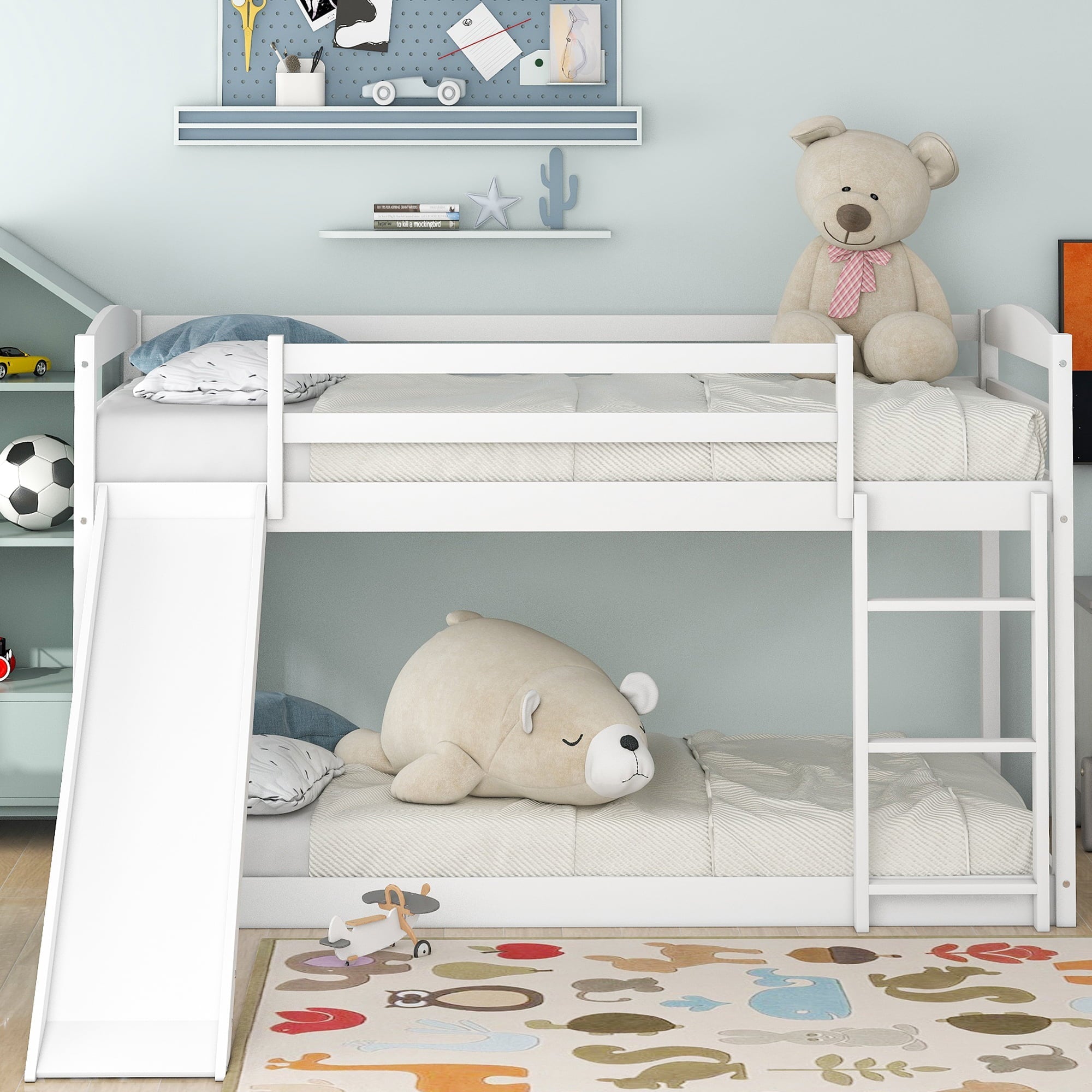 Sesslife Wood Floor Bunk Bed with Convertible Slide and Ladder for Boys Girls Toddlers, White Twin Over Twin Bunk Bed for Home Children’s Room, TE850