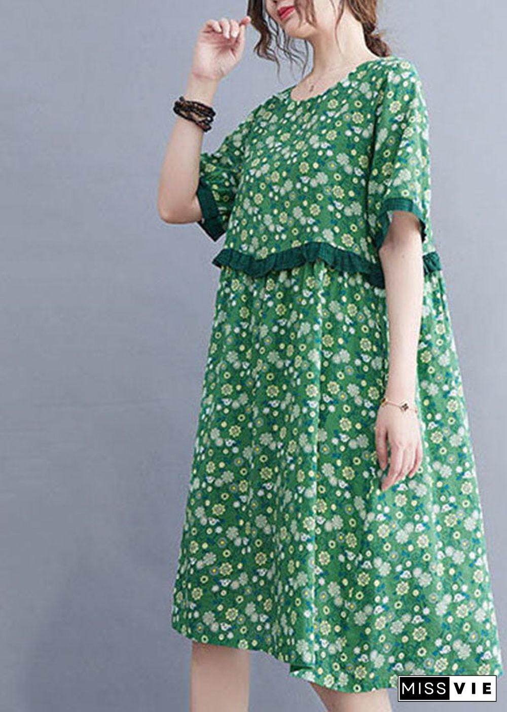 Art Green O-Neck Print Patchwork Ruffles Cotton Linen Mid Dresses Short Sleeve