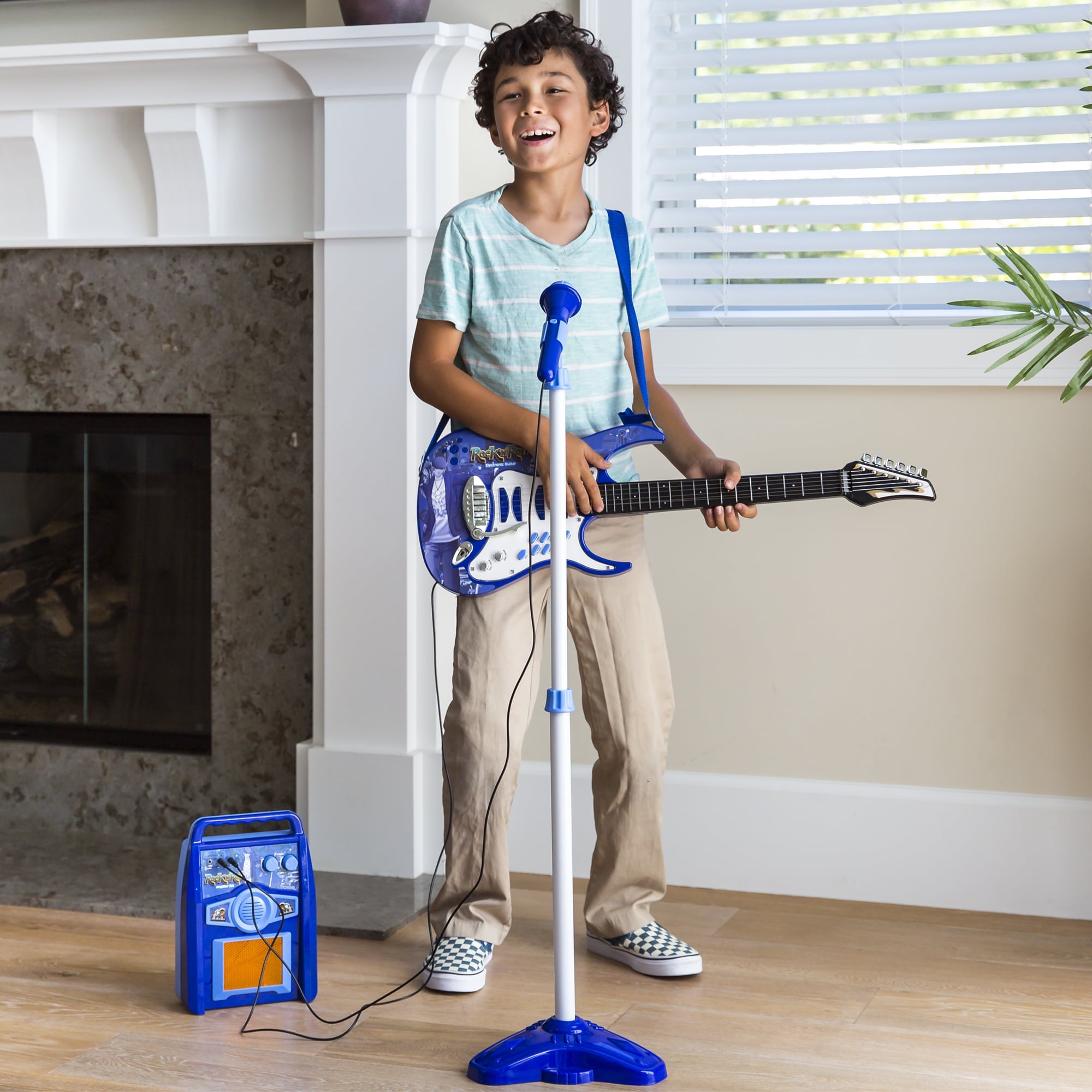 Best Choice Products Kids Electric Musical Guitar Toy Play Set w/ 6 Demo Songs， Whammy Bar， Microphone， Amp， AUX - Blue