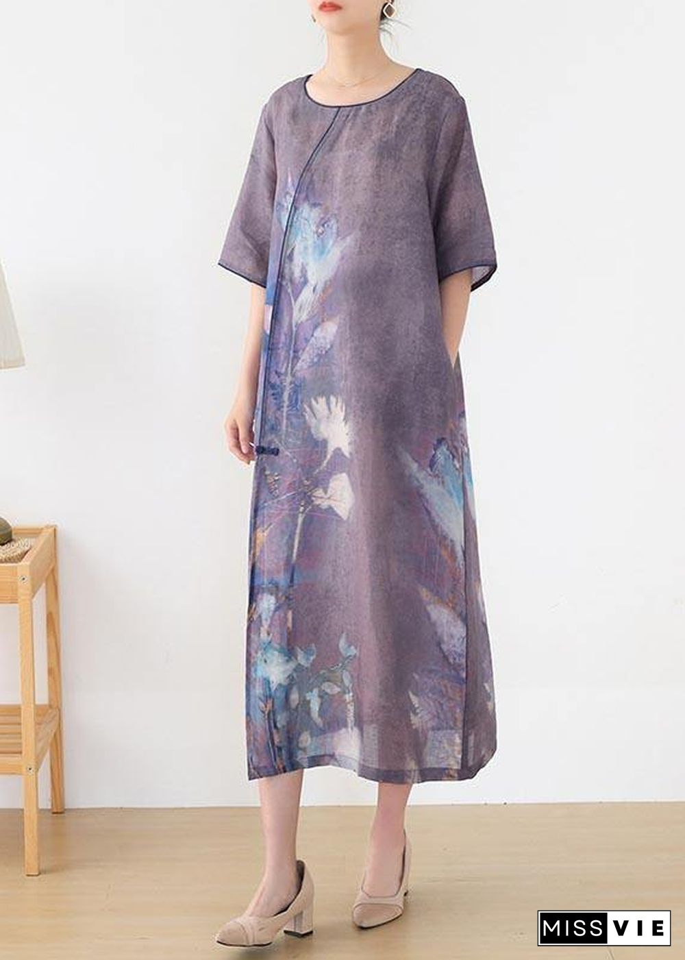 Elegant Purple Print O-Neck Maxi Summer Linen Dress