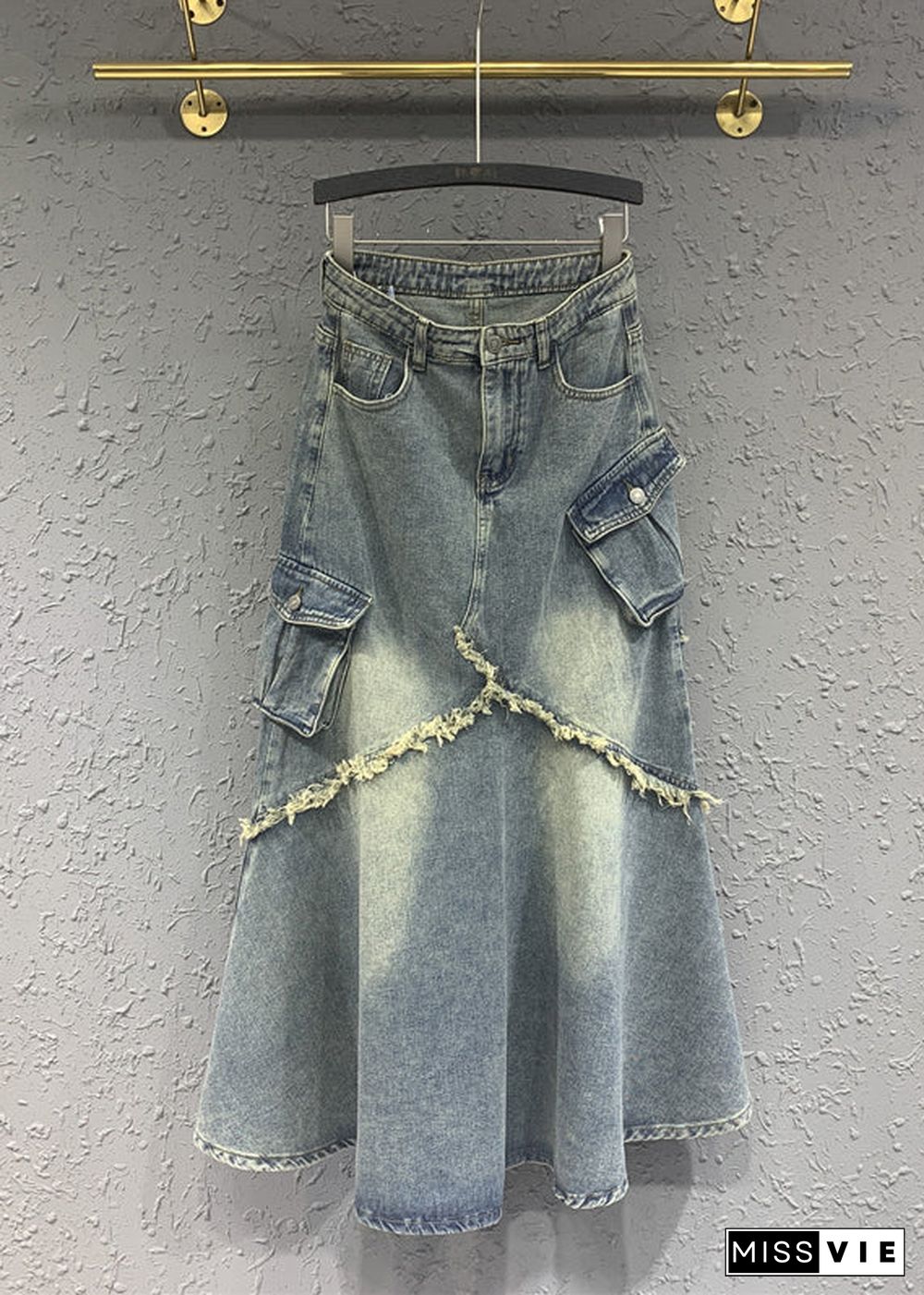 Fashion Light Blue Tasseled Pockets Patchwork Denim Skirt Fall