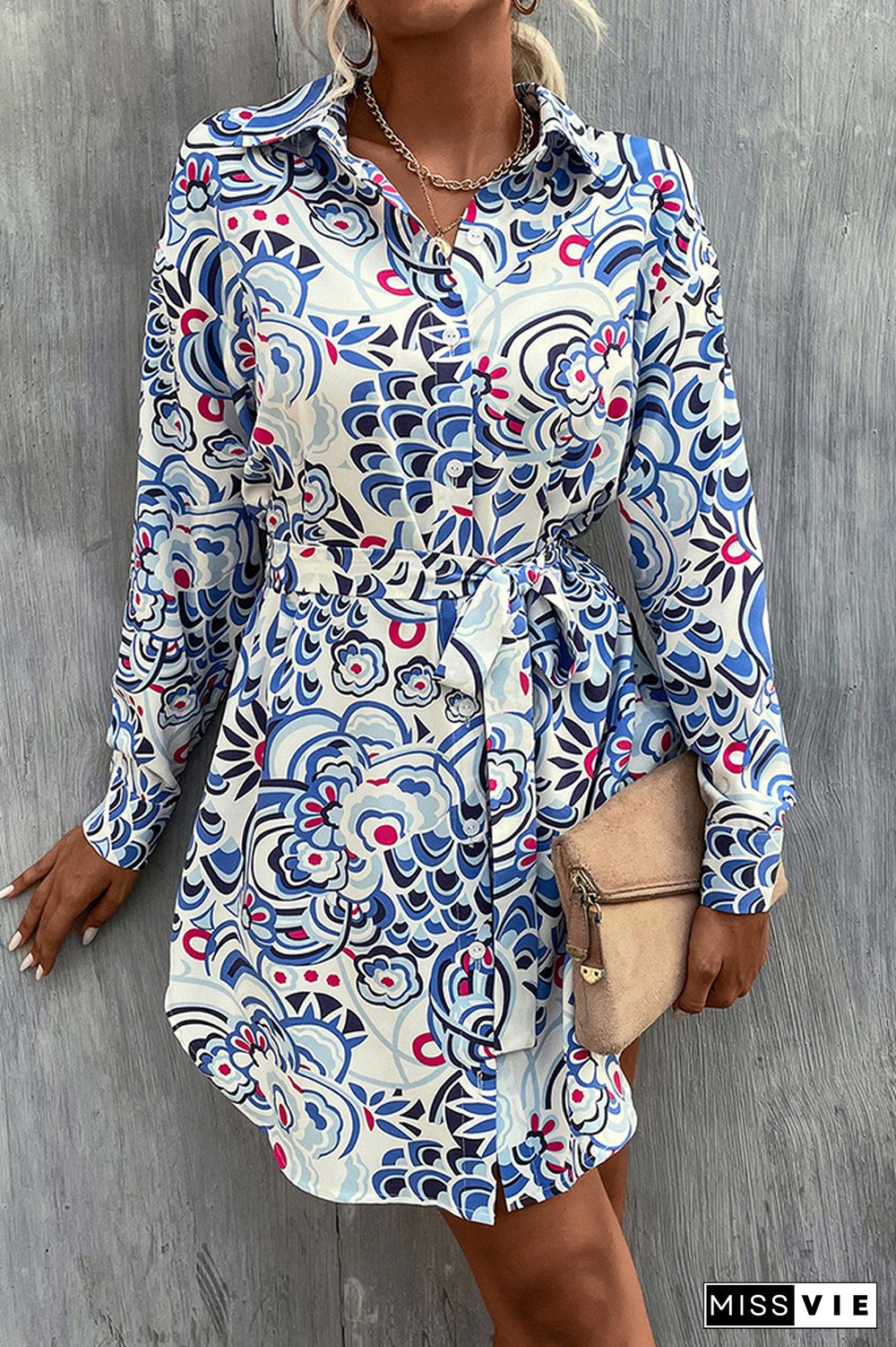 Blue Printed Front Open Button Waist Tie Long Sleeves Dress