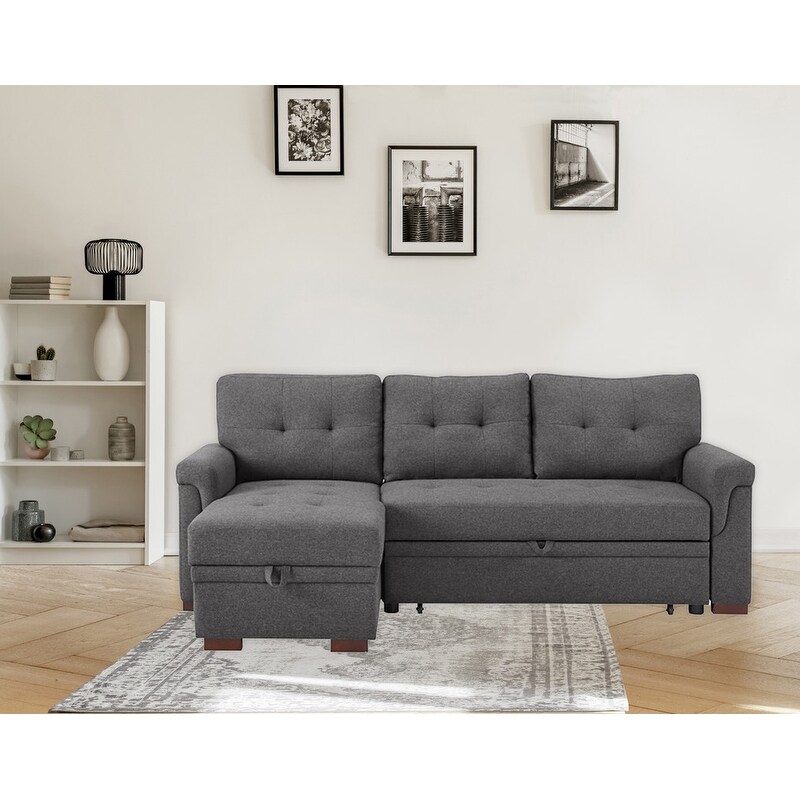 Solid Wood Frame Reversible Sleeper Sectional Linen Sofa with Storage Chaise and Foam Filled eat Cushions and Pull out Sleeper.