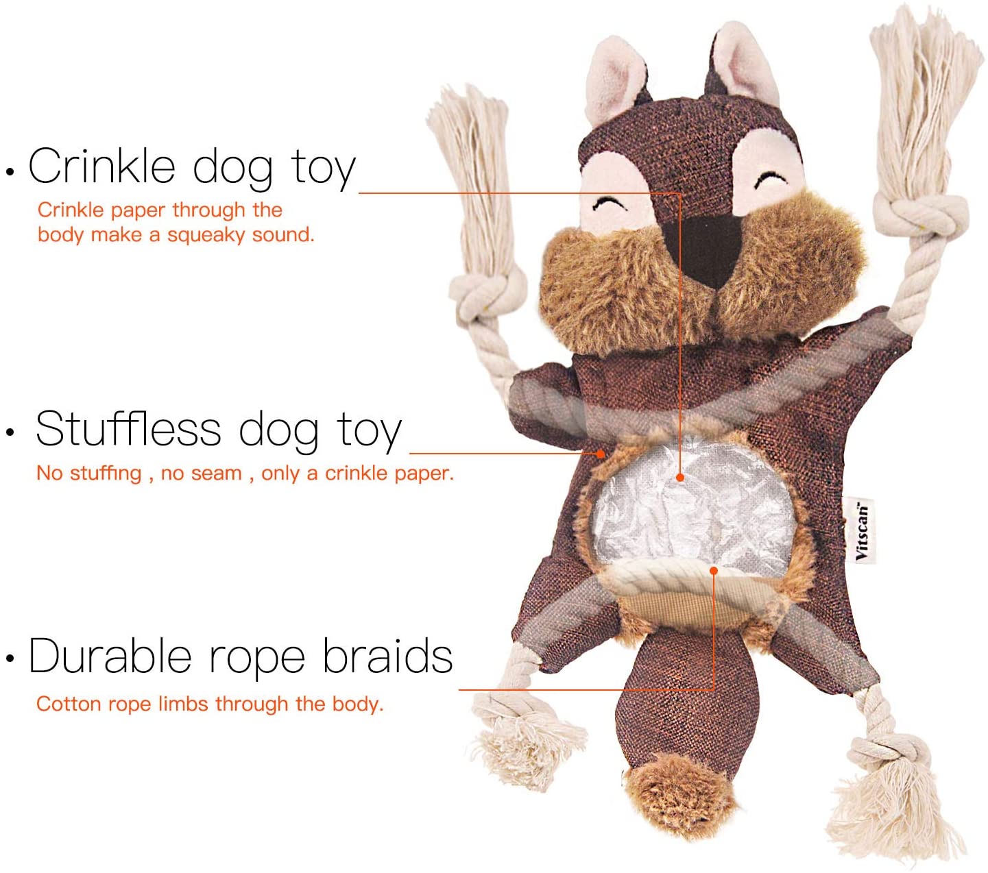 Vitscan Stuffless Dog Toys for Puppy， Crinkle Squeaky Dog Chew Toys Squirrel Plush Dog Toy with Rope Knots for Small Dogs (Squirrel) (Brown Squirrel)