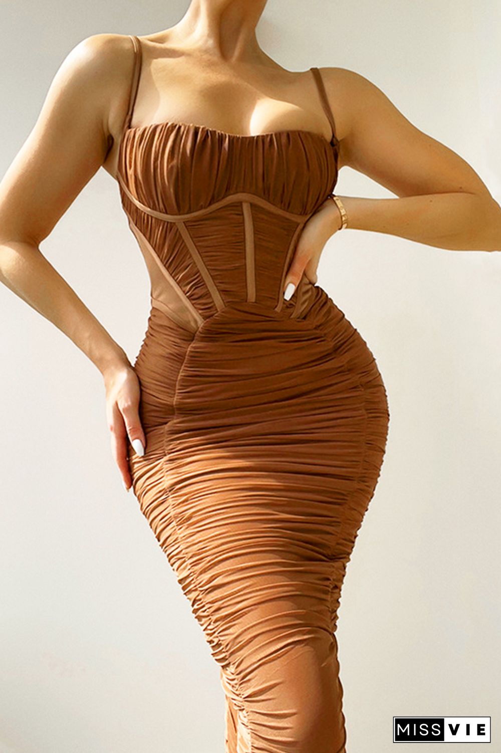 Backless Bodycon Slim Ruched Spaghetti Dress