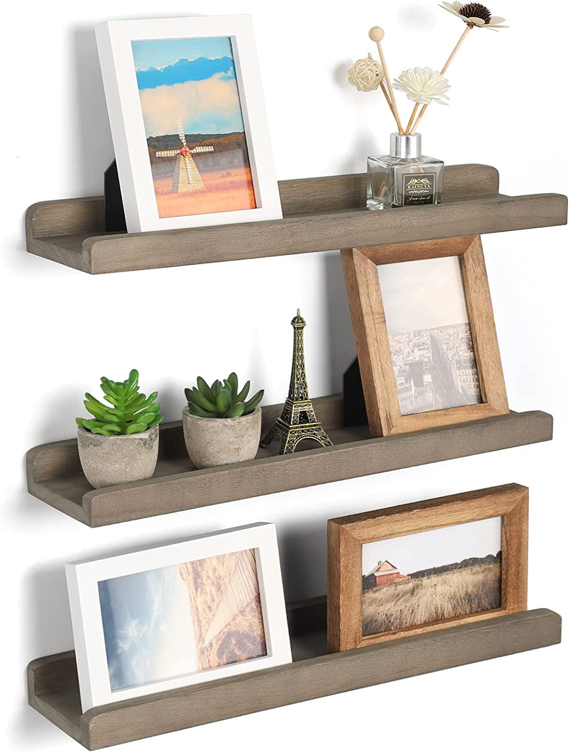 Emfogo Wood Picture Ledge Shelf, Rustic Floating Wall Shelves Set of 3 for Storage,Gray