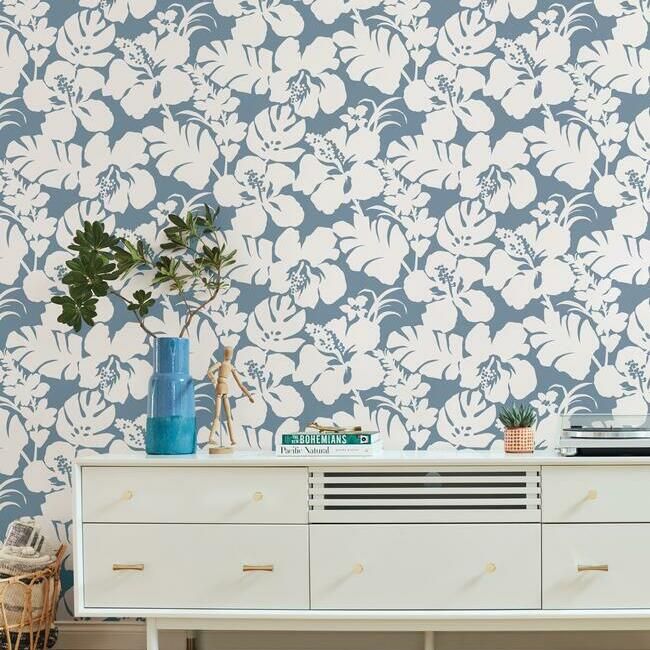 Hibiscus Arboretum Wallpaper in Blue from the Water's Edge Resource Library