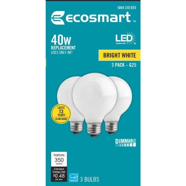 EcoSmart 40-Watt Equivalent G25 Dimmable ENERGY STAR Frosted Glass Filament LED Vintage Edison Light Bulb Bright White (3-Pack) FG-03234