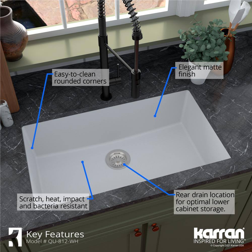 Karran QU- 812 Quartz 32.5 in. Large Single Bowl Undermount Kitchen Sink in White QU-812-WH