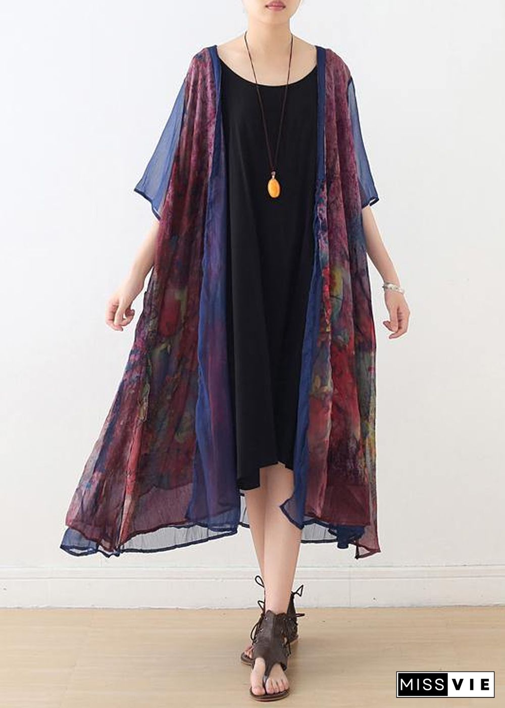 French Print Batwing Sleeve Long Cardigan