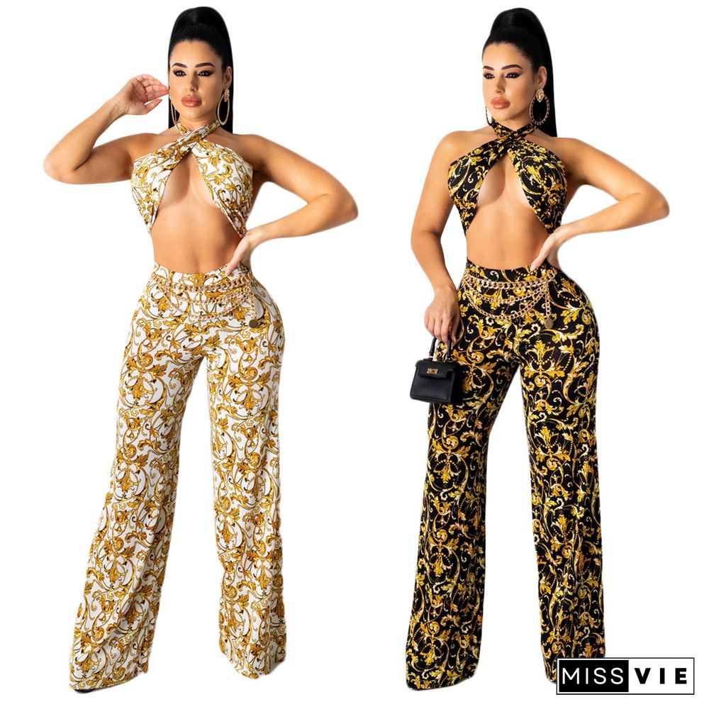 Women Sexy Printed Sleeveless Cross Wrap Halter Crop Tops Losse Wide Leg Pants Summer Two Piece Set