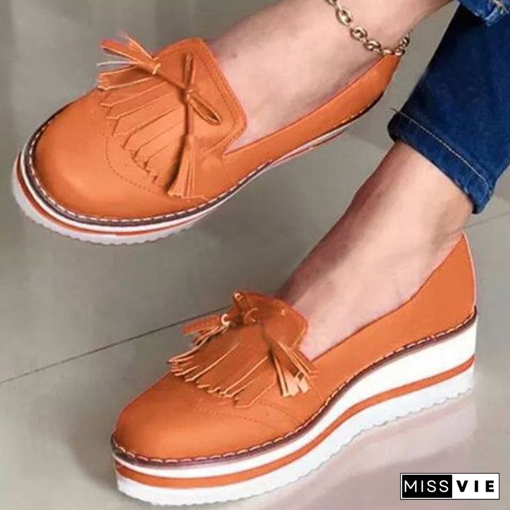 Women Tassel Bowtie Loafers Woman Slip On Sneakers Ladies Soft PU Leather Sewing Flat Platform Female Shoes All Seasons New