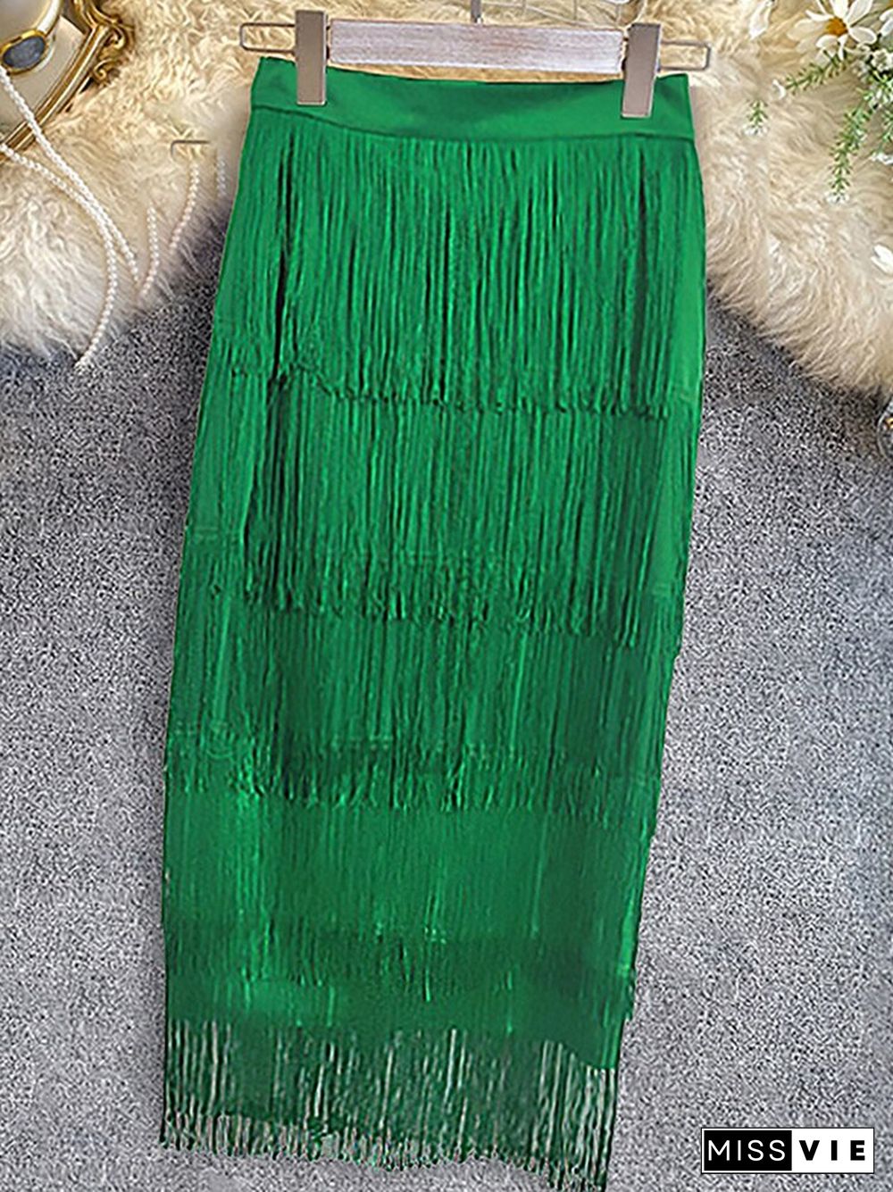 Green Fringe Bodycon Pencil Skirts Tassel High Waist Women Stretch Sheath Midi Length Ladies Slim Jupe Saias Faldas Big Size