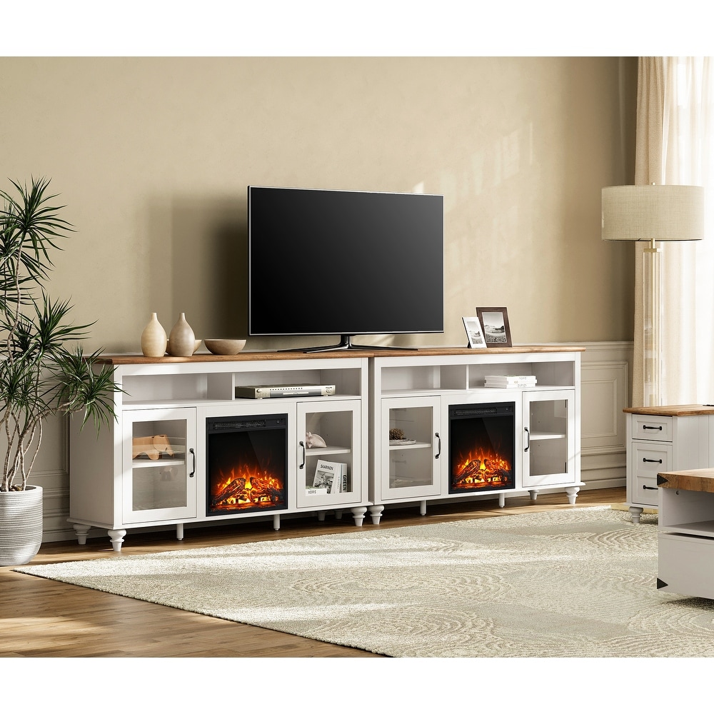 WAMPAT White Glass Door TV Stand with 18'' Electric Fireplace Insert  Wood Entertainment Center