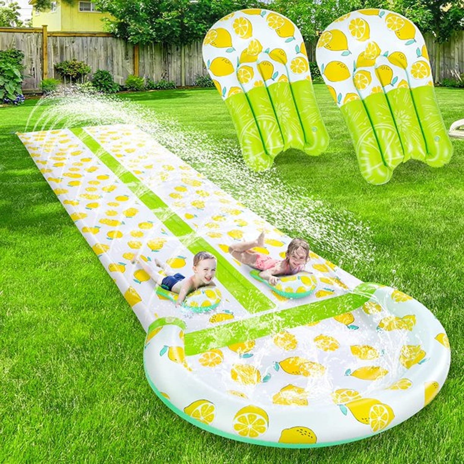 15.7*4.5ft Slip and Slide, Double Deluxe Lemon Lawn Water Slides Backyard Water Toys with 2 Boogie Boards, Waterslide with Splash Sprinkler - Outdoor Summer Toy for Kids Adults