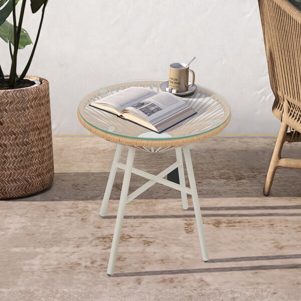 Patio PE Beige Rattan Outdoor Side Table with 5mm Tempered Glass Top