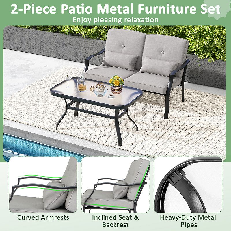 Outdoor Loveseat Chair Set With Tempered Glass Coffee Table