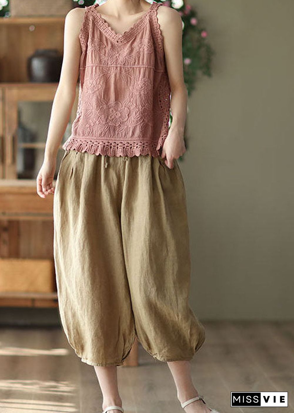 Unique Brown Pockets Patchwork Linen Crop Pants Summer