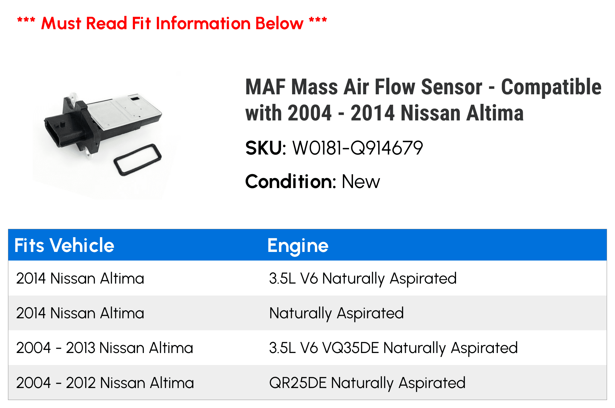 MAF Mass Air Flow Sensor - Compatible with 2004 - 2014 Nissan Altima 2005 2006 2007 2008 2009 2010 2011 2012 2013