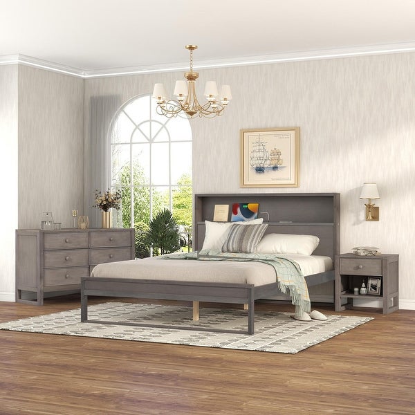 3-Piece Bedroom Sets Queen/Full Size Platform Bed with Nightstand and Dresser - - 36514417