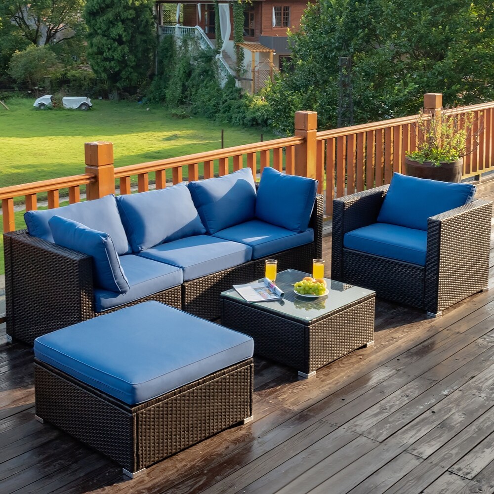 Costway 6PCS Patio Rattan Furniture Set Sofa Coffee Table Ottoman Navy   See Description