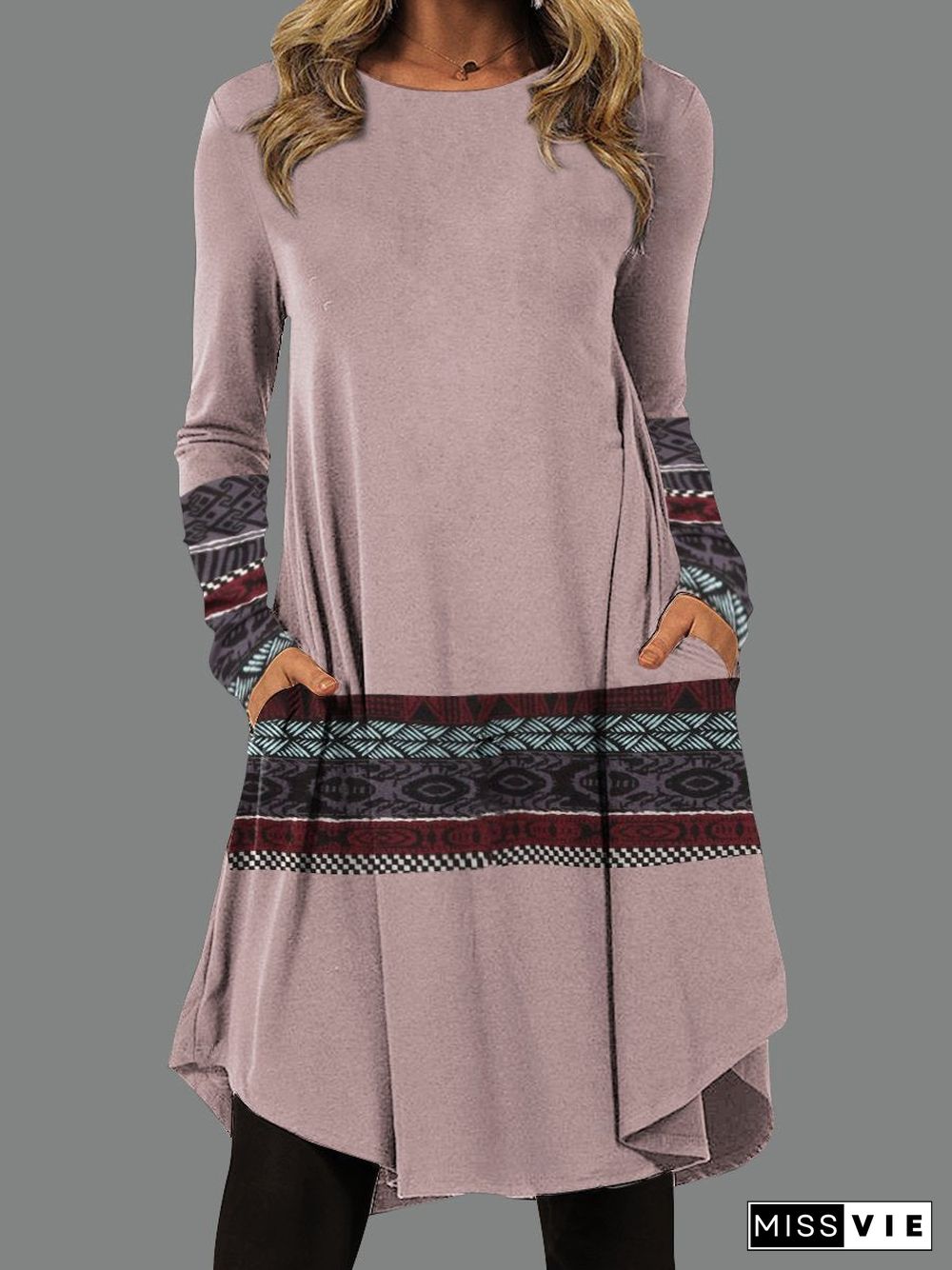 Women Long Sleeve Scoop Neck Geometric Colorblock Dress