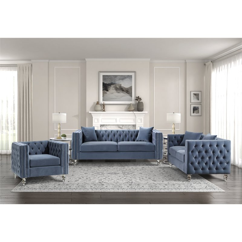 Lexicon Orina Button Tufted Velvet Loveseat in Dark Blue   Traditional   Loveseats   by Homesquare  Houzz