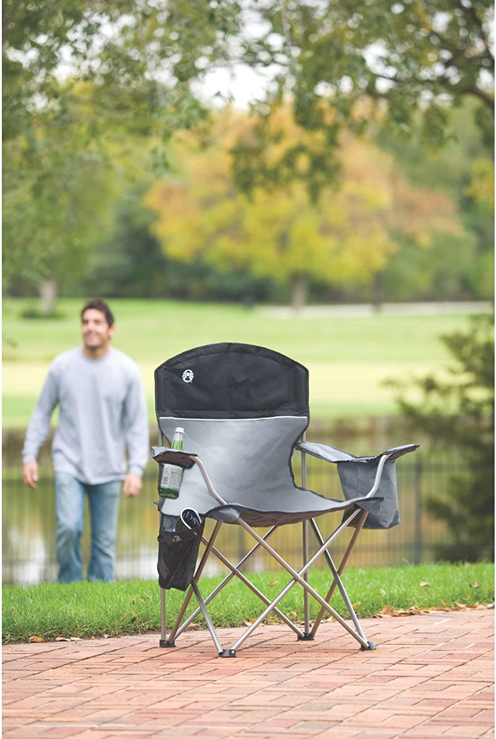 Coleman Camping Chair with Built-in 4 Can Cooler， Grey/Black