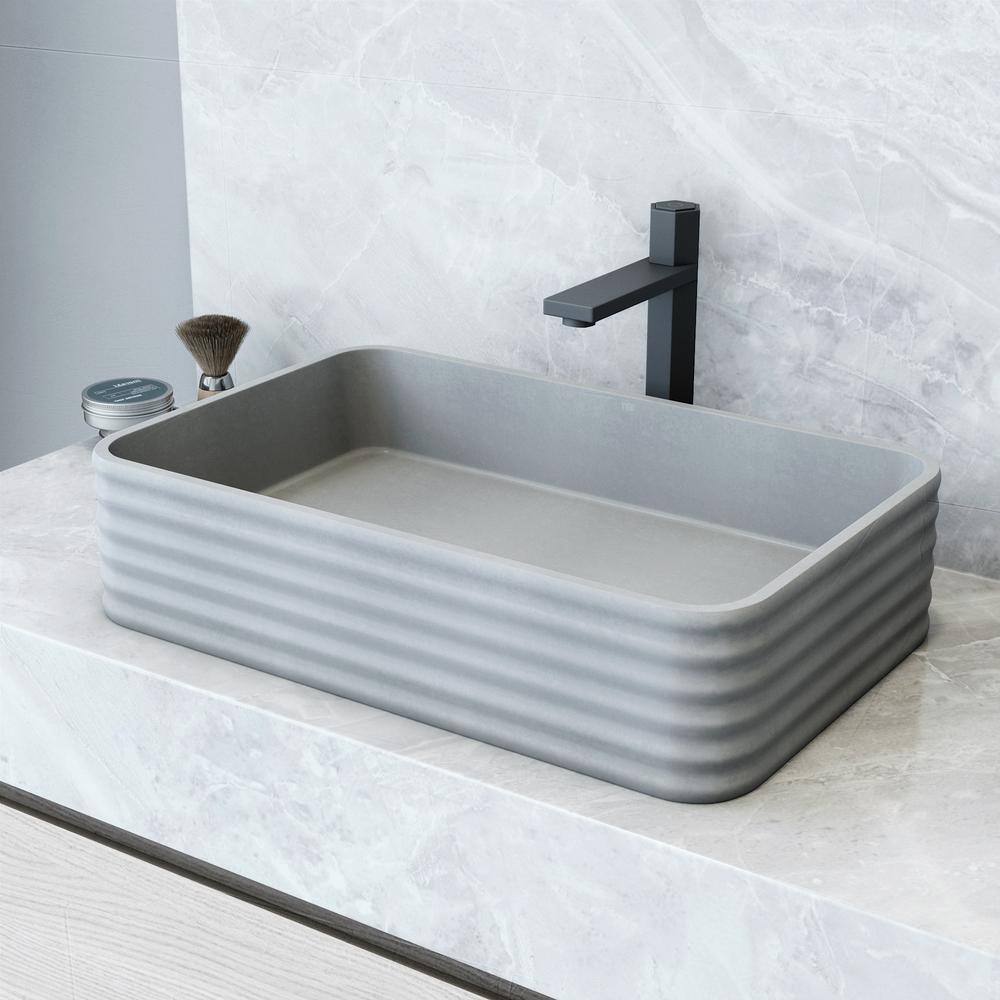 VIGO Cadman Modern Gray Concreto Stone 21 in. L x 14 in. W x 5 in. H Rectangular Fluted Bathroom Vessel Sink VG04074