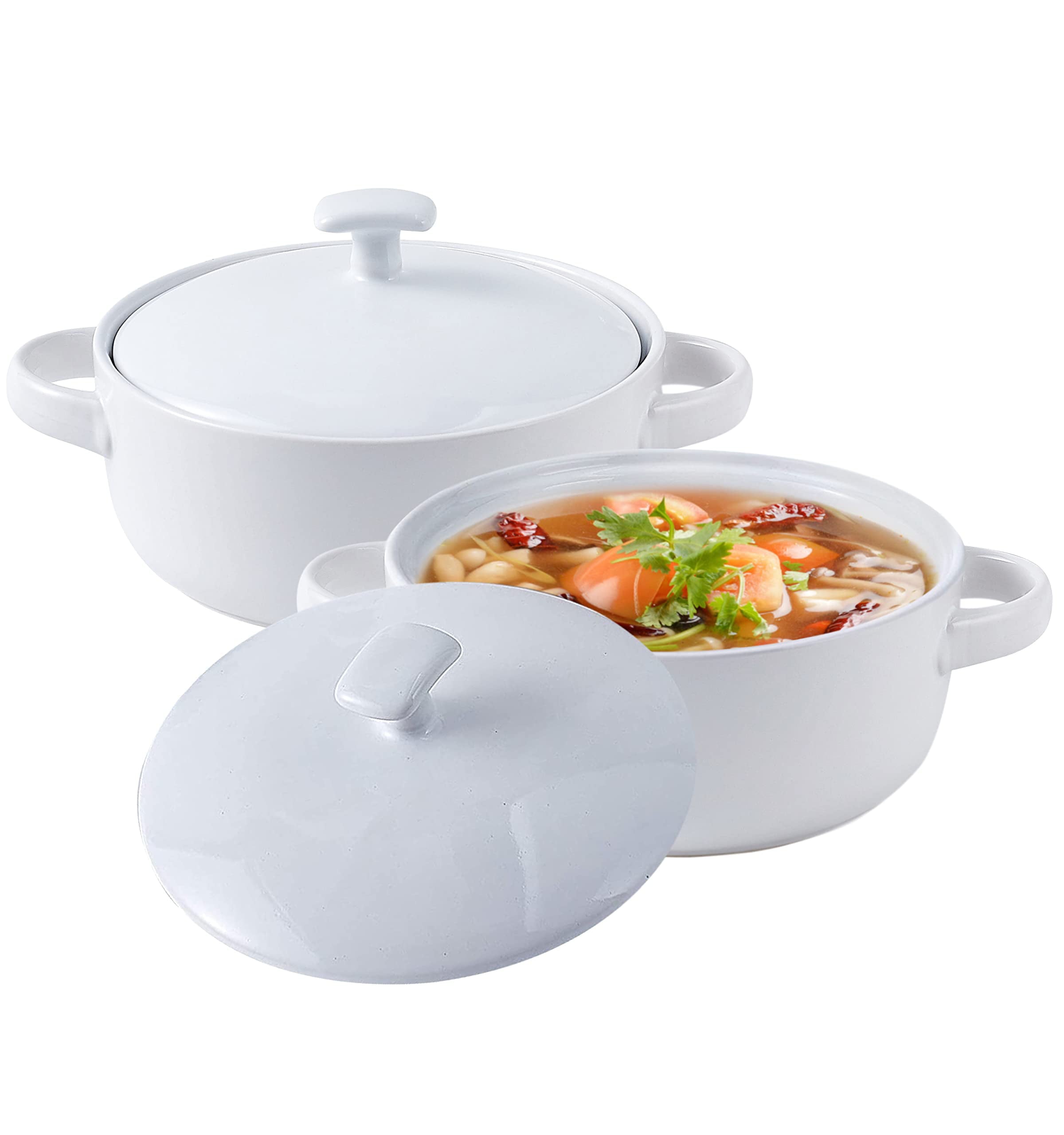 Bruntmor Bake and Serve Oven Safe Ceramic Soup Bowls With Handles and lids - 20oz Set of 2， For Soups， Stews and Cereal， White