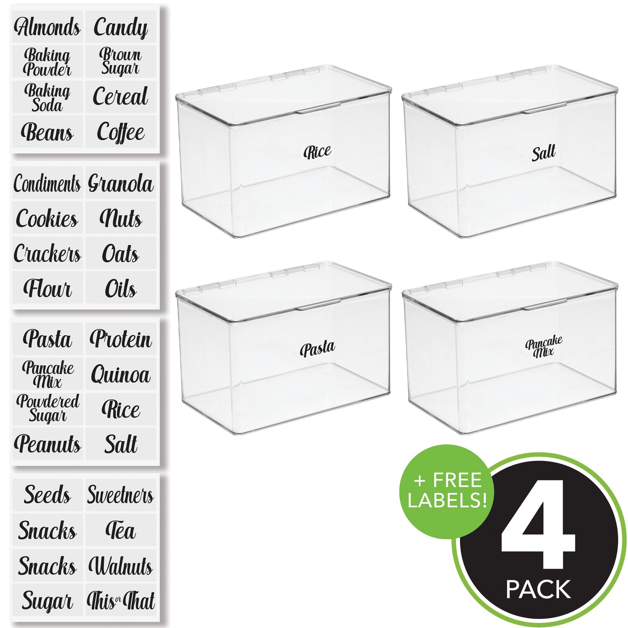 mDesign Plastic Stackable Kitchen Pantry Cabinet/Refrigerator Food Storage Container Box, Attached Lid - Organizer Bin for Coffee, Tea, Packets, Snack Bars - Pack of 4, Includes 32 Labels - Clear