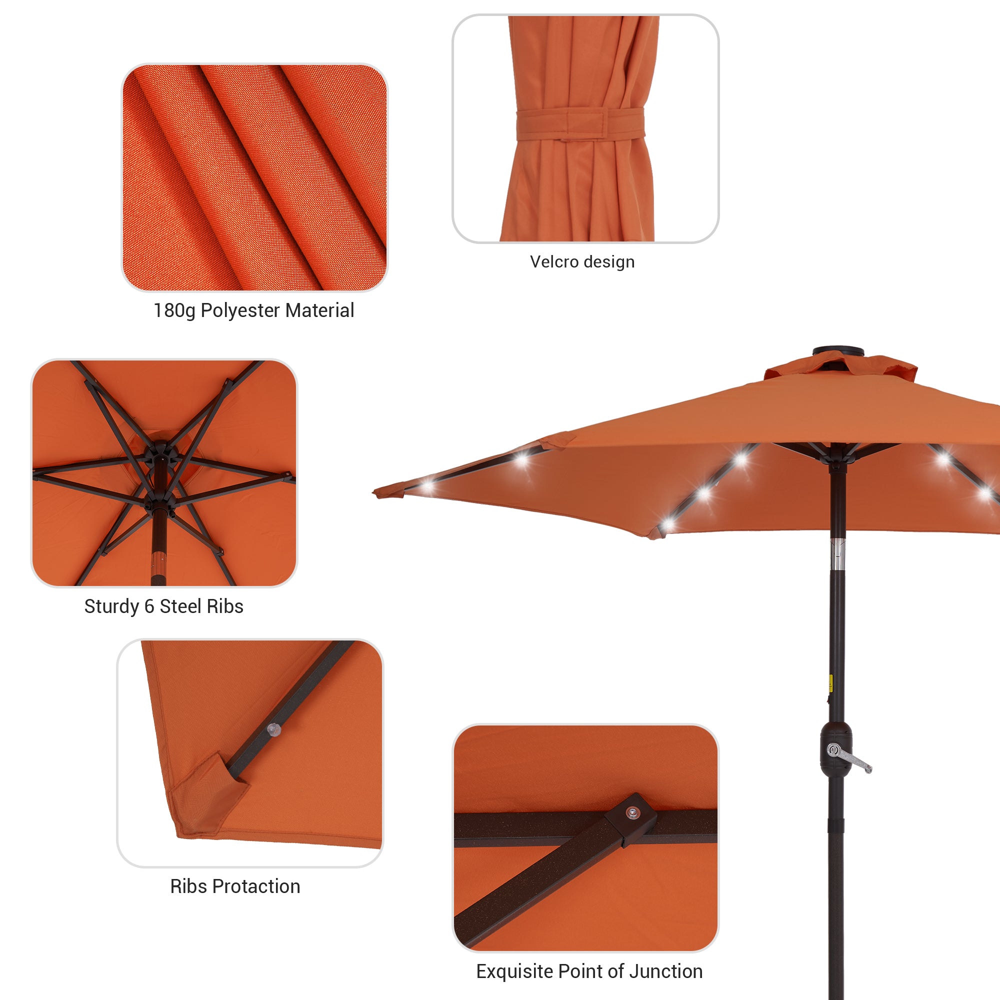 Sonerlic 7.5ft LED Patio Outdoor Shade Table Umbrella with Steel Frame for Yard, Garden, Park,Poolside and Deck,orange