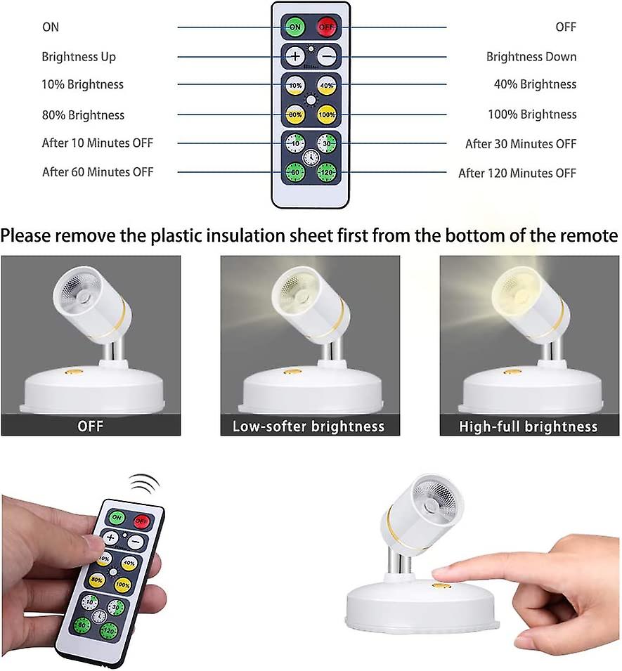 2 Pack Mini Wireless Battery Operated Spotlights Dimmable With Remote Control Stick Anywhere