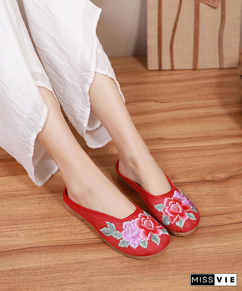 Red Slide Sandals Floral Embroideried Linen Fabric Slides For Women