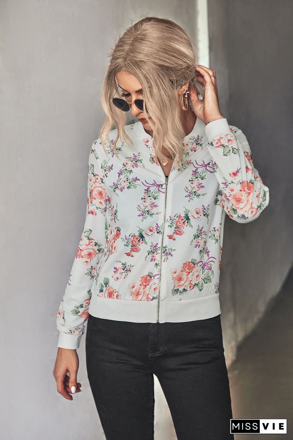 Front Open Zipper Floral Print Jackets