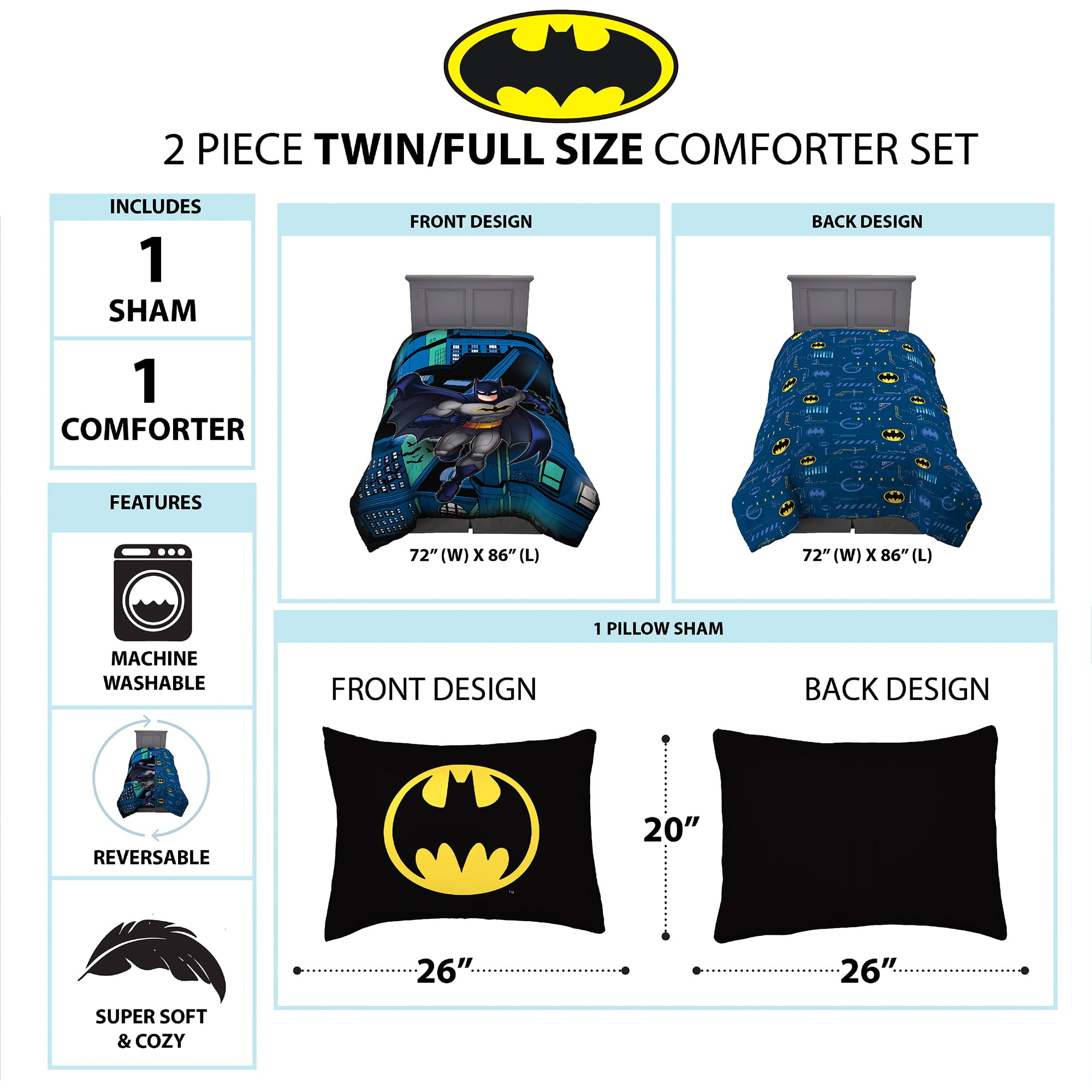 Batman Kids Comforter and Sham， 2-Piece Set， Twin/Full， Reversible， Blue， Warner Bros