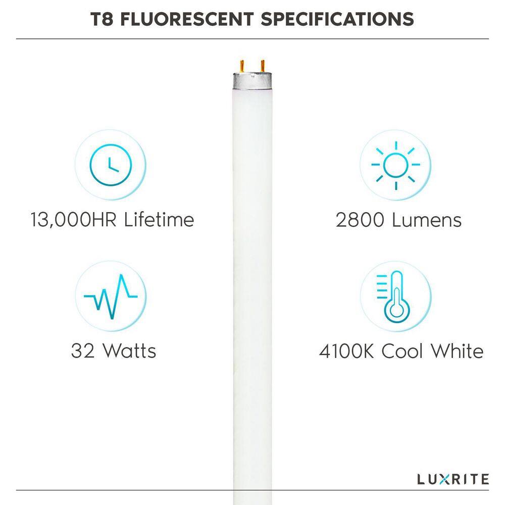 LUXRITE 32-Watt 48 in. Linear F32T8841 T8 Tube Fluorescent Light Bulb 4100K Cool White 2800 Lumens (30-Pack) LR20732-30PK